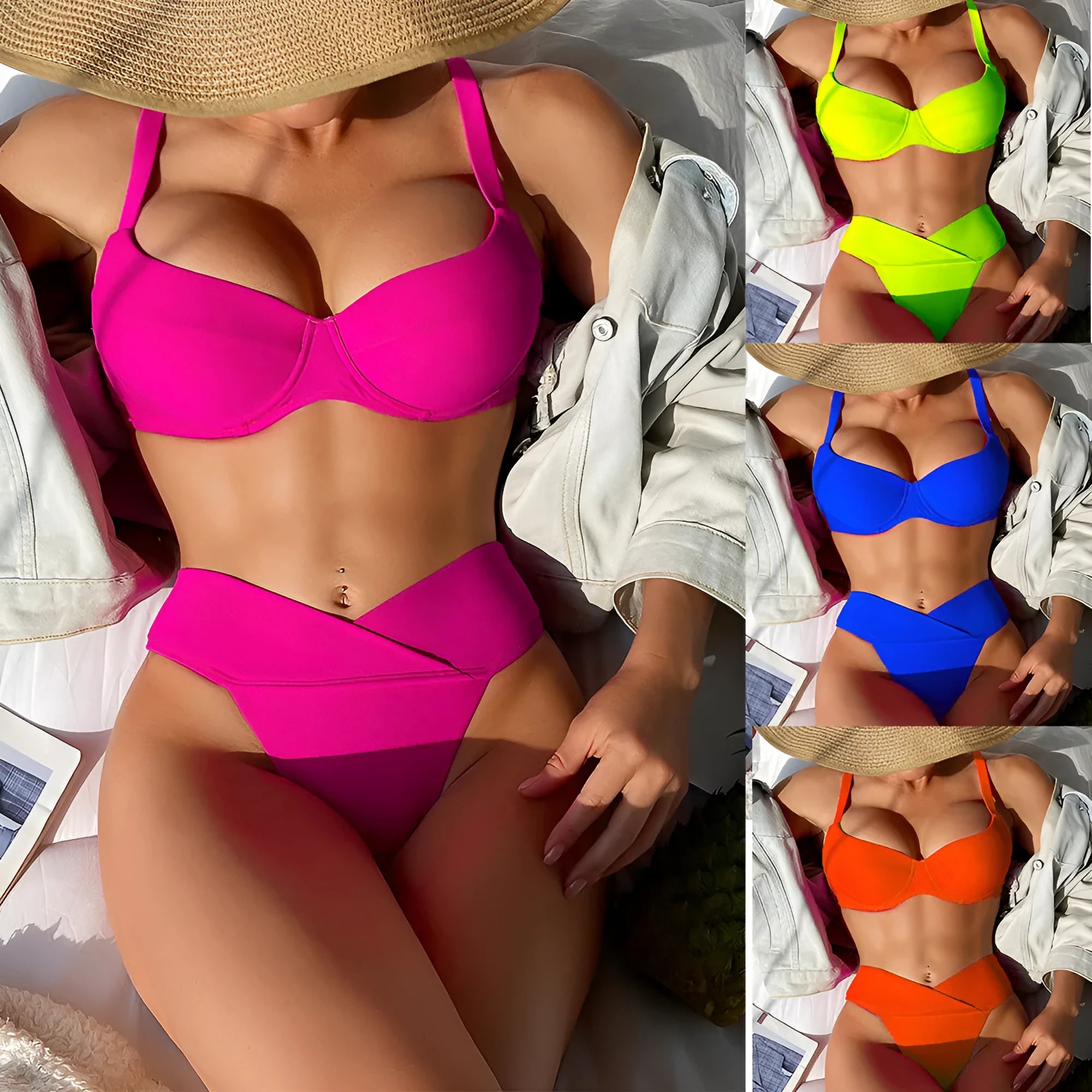 Women's solid colour bikini swimsuit with briefs design in fluorescent and black colour options
