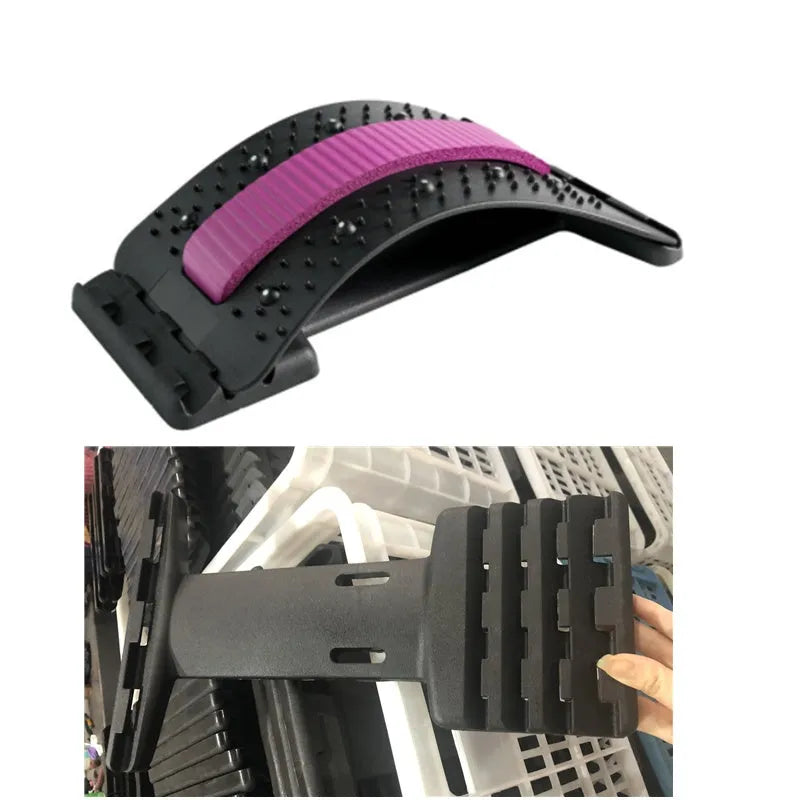 A blue and black adjustable back stretcher with 8 massage heads in a rectangular trapezoid shape for waist and back pain relief.
