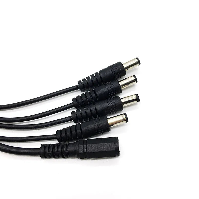 Black DC monitoring power cord with one-in-four interface and 5.5mm connectors for security systems