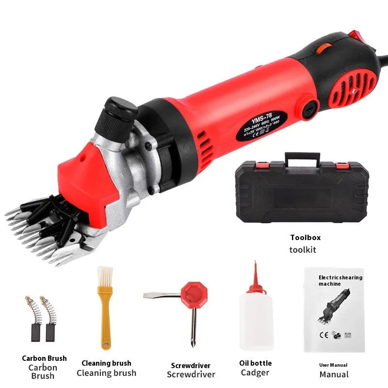 Yellow electric sheep shearing machine with 13 straight teeth and complete accessory set including multiple blades and tools