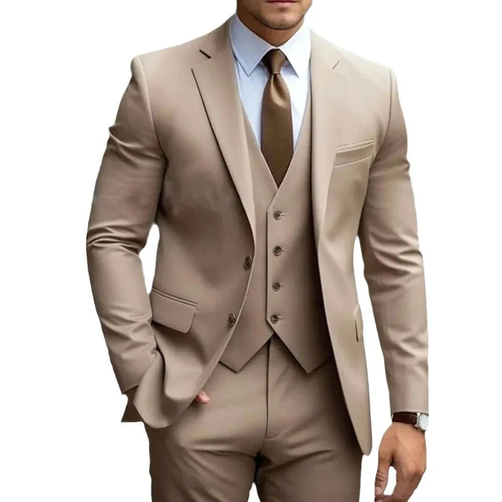 Men's three-piece slim fit wedding suit in champagne with coat, vest, and trousers