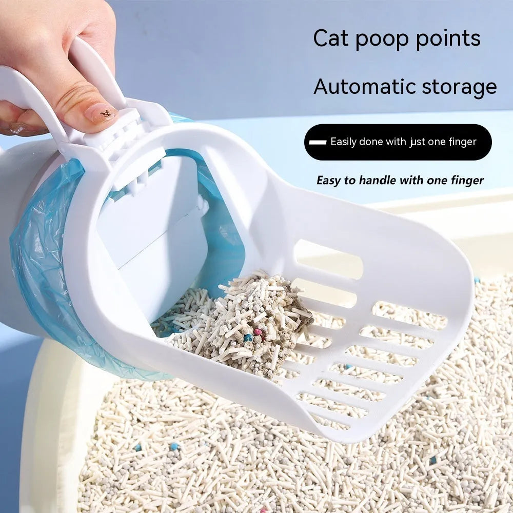 Grey cat litter scoop with attached waste bin and foldable bottom, shown with refill bags.