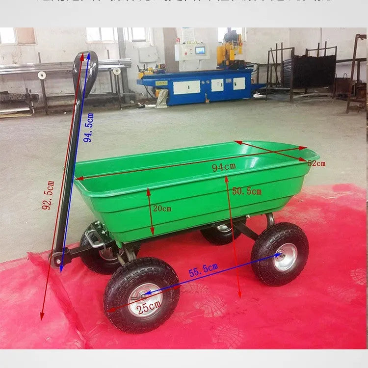 Green four-wheel plastic dump truck with steel frame for garden and farm use.