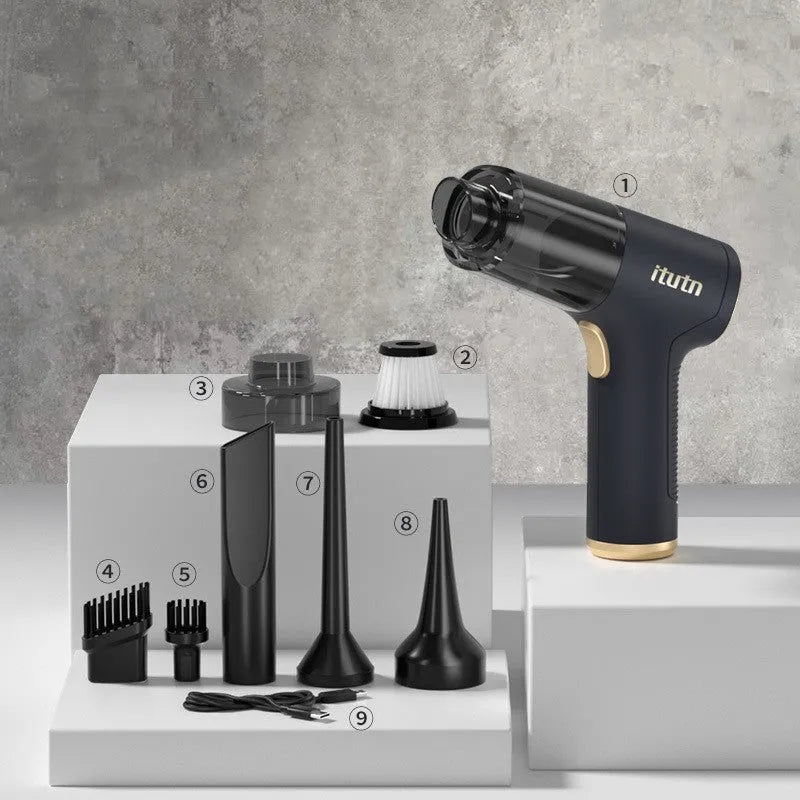 Black wireless car vacuum cleaner with multiple nozzle attachments and 4500PA suction