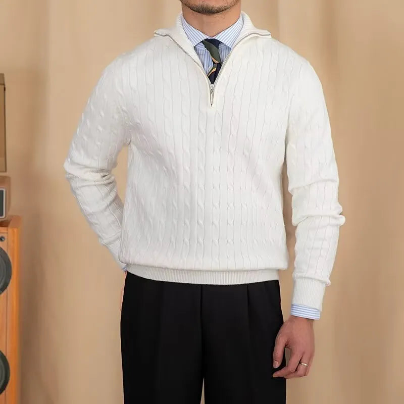 Men's black polyester slim-fit long sleeve sweater on plain backdrop
