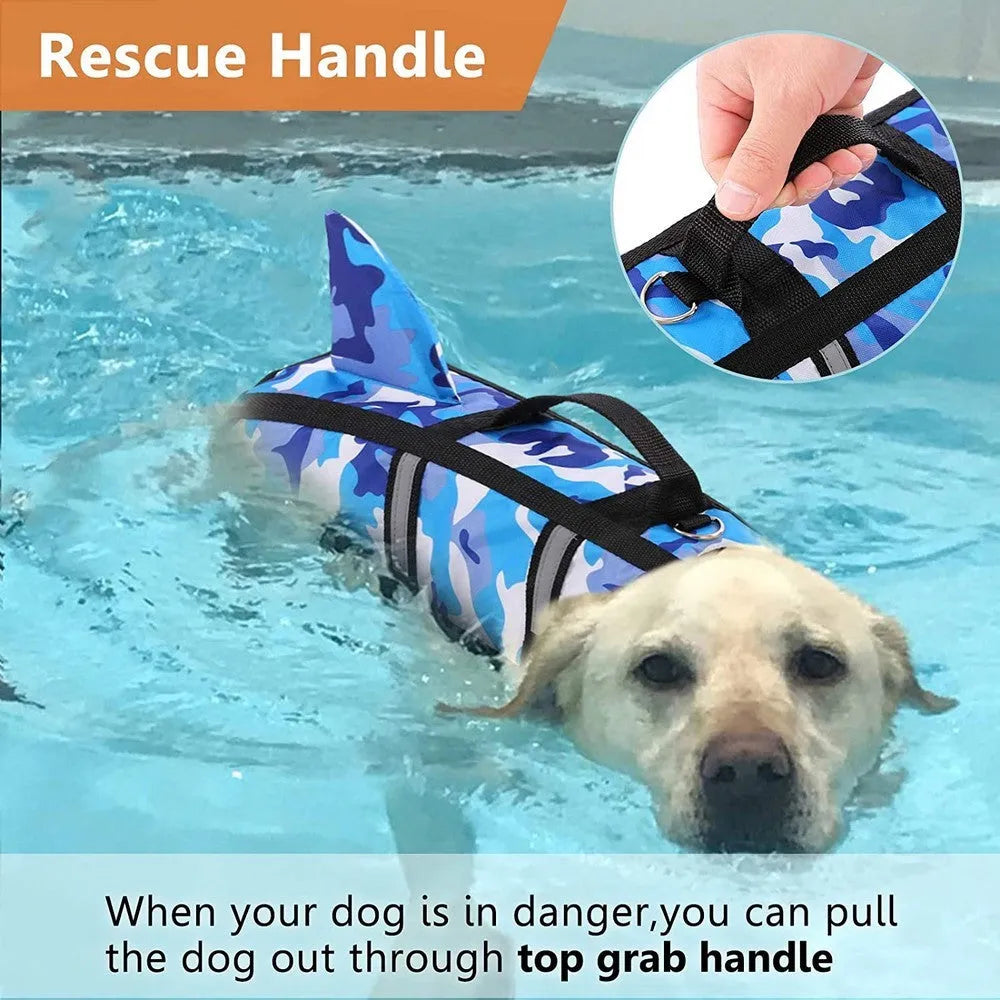 Dog lifesaving swimming suit in camouflage shark blue and rose red colours for sizes XS to XXL