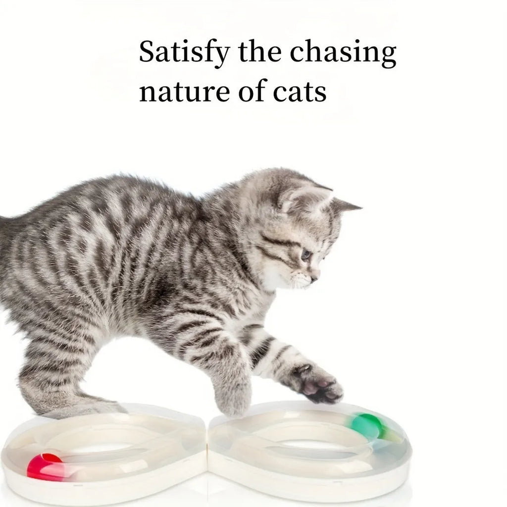 Interactive cat turntable toy with track balls and teasing stick on 50cm base