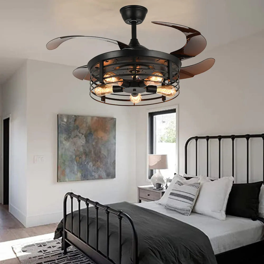 42-inch American retro style ceiling fan light with acrylic blades and shade, remote control included.