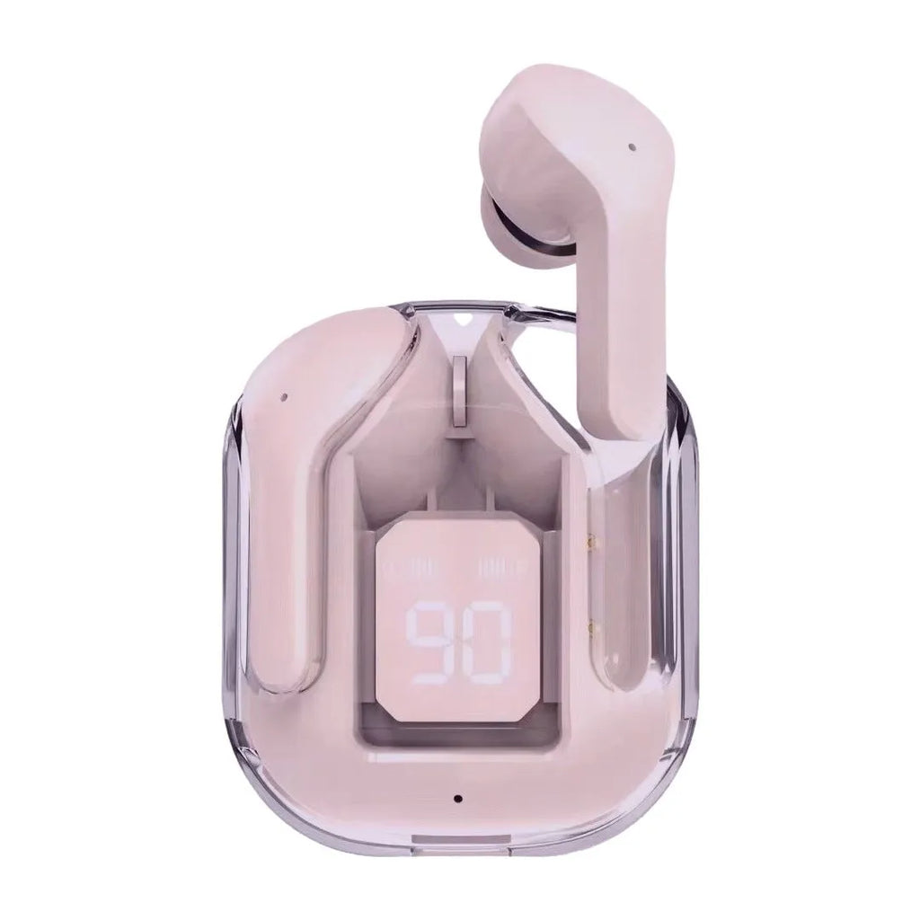 Transparent space capsule case true wireless Bluetooth headset showing internal components