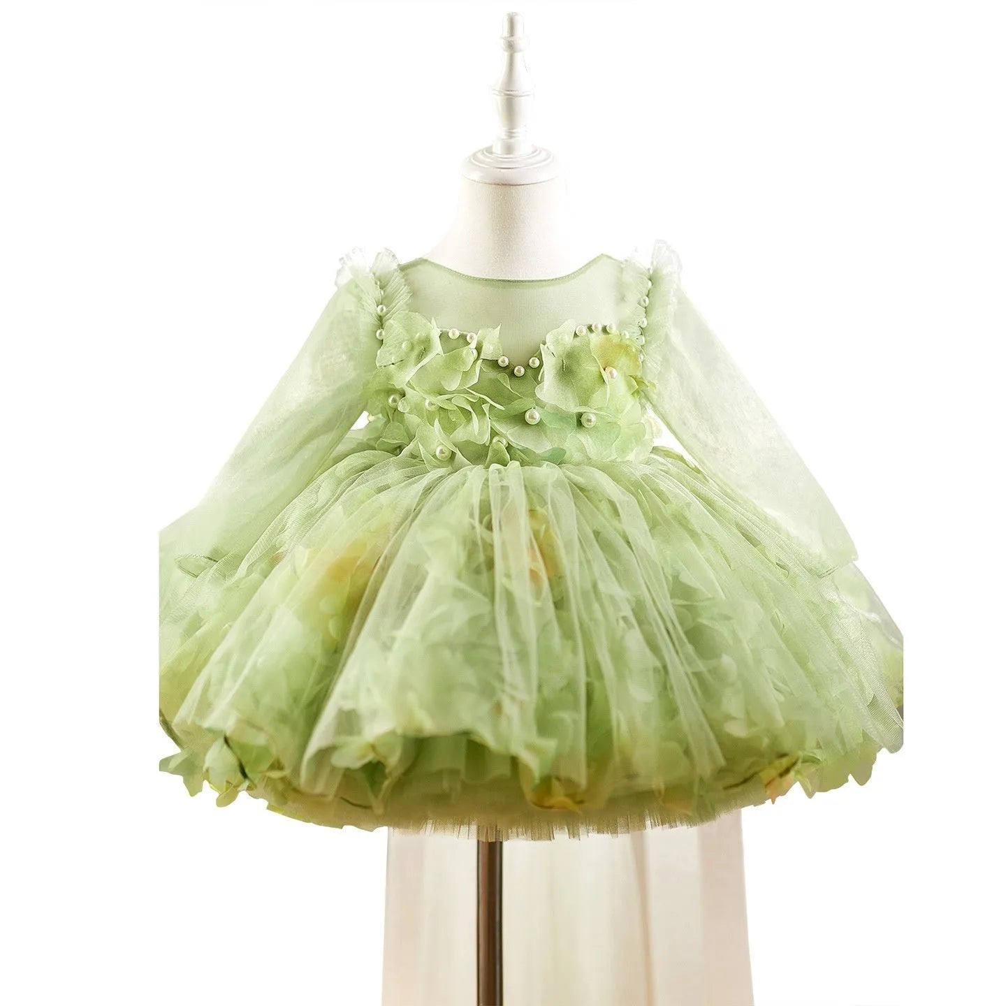 Green Mori style girl's peanut day princess dress with chemical fibre blend fabric and lining