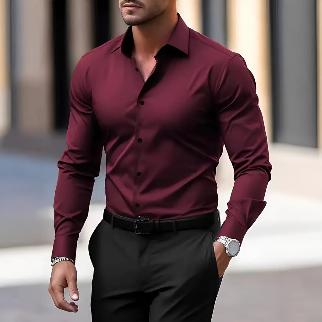 Men's solid colour velvet button down shirt in navy blue with long sleeves and lapel collar