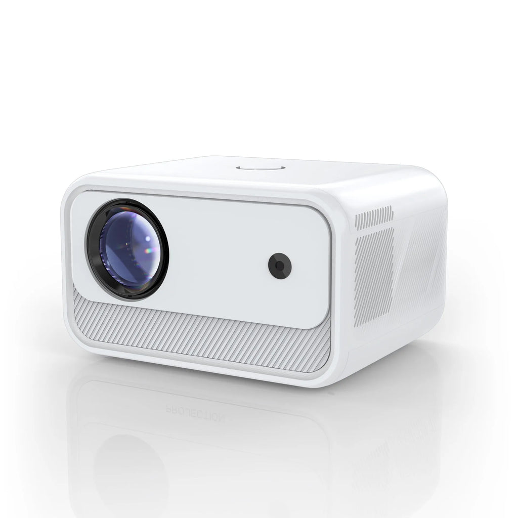 White home office HD projector with electric focus, 1080p resolution, 300 lumens on desk