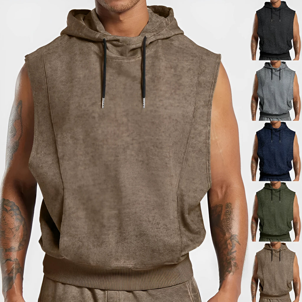 Men's distressed floral sleeveless hooded top in cotton blend, green colour, front view with hood and 3D patch pocket