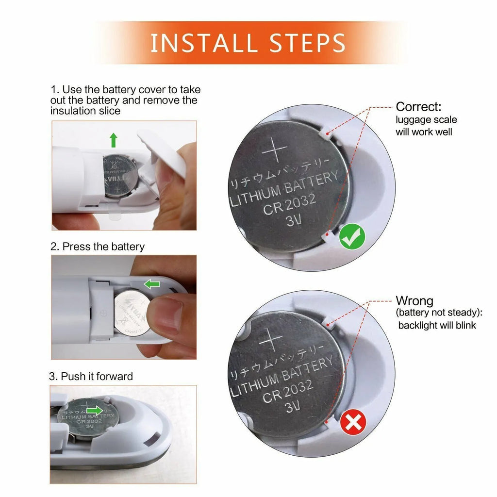 Silver portable LCD digital luggage scale with belt on handle, 50kg capacity