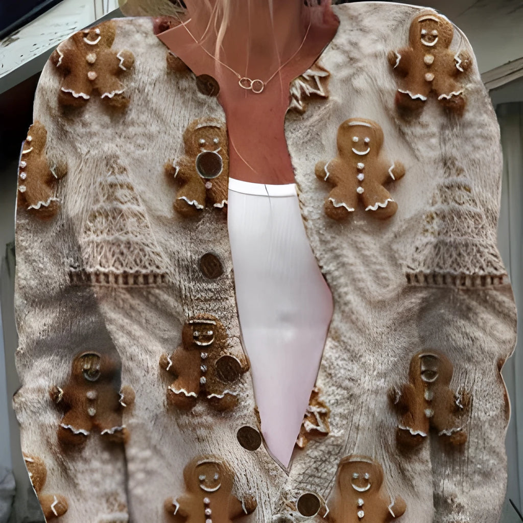 A loose-fit digital printed top with a lapel collar, shown on a hanger.