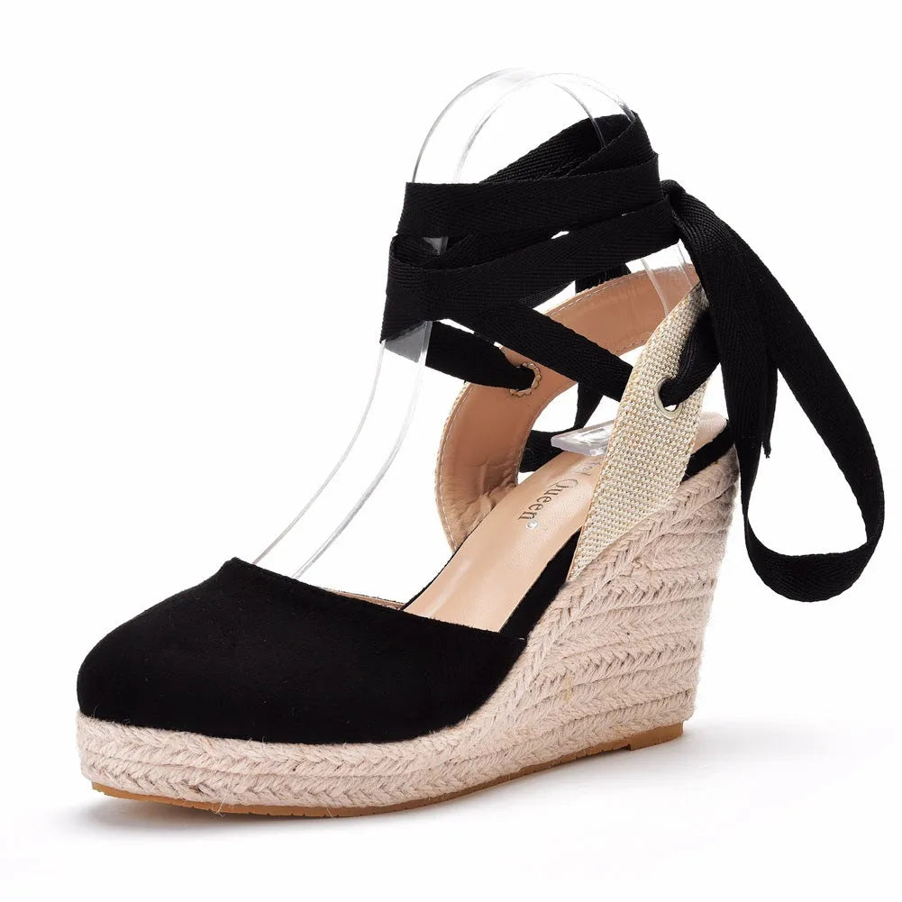 Women's apricot bohemian wedge sandals with beaded tassel, buckle strap, and round toe.
