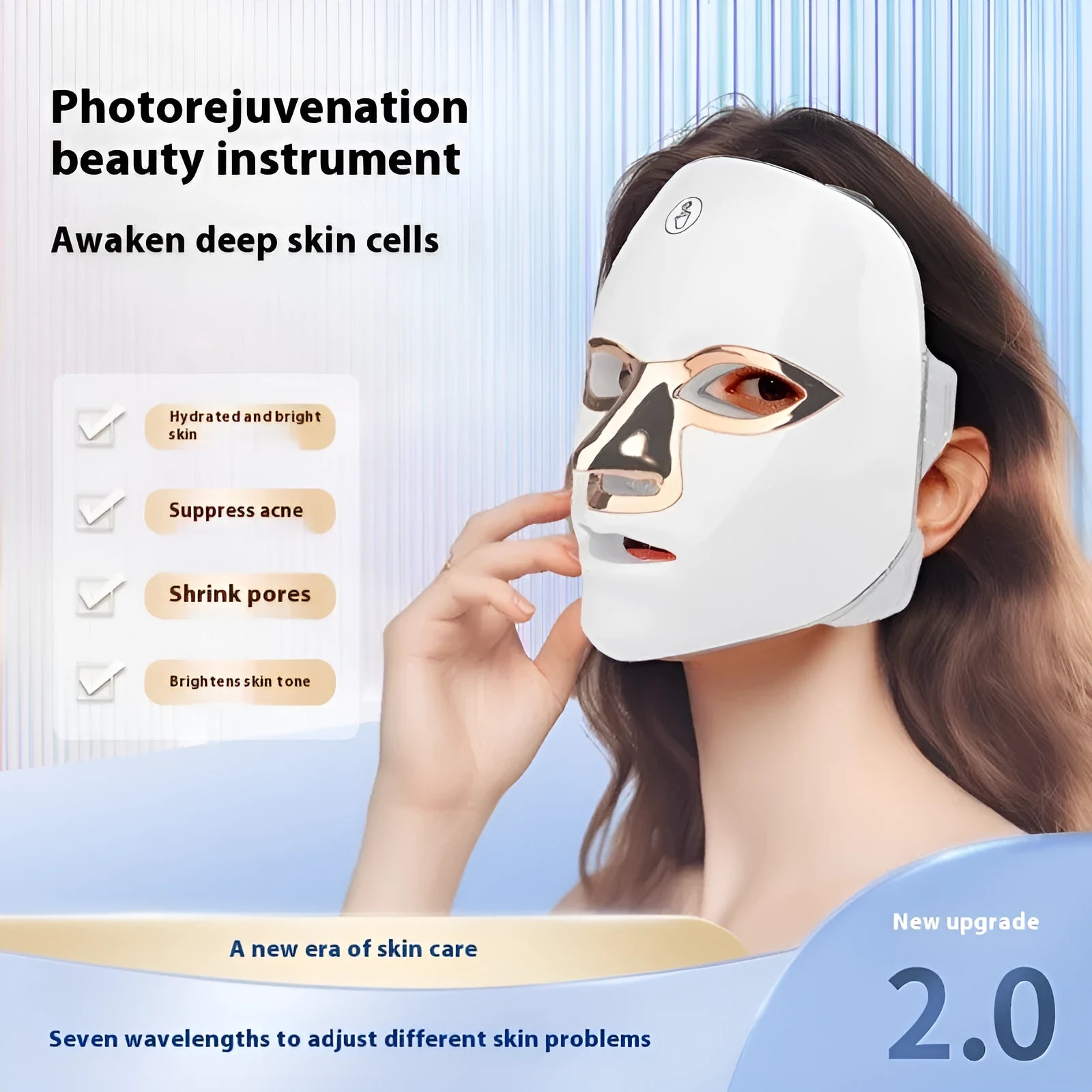 Rechargeable manual touch LED beauty mask device in white rose gold rim colour