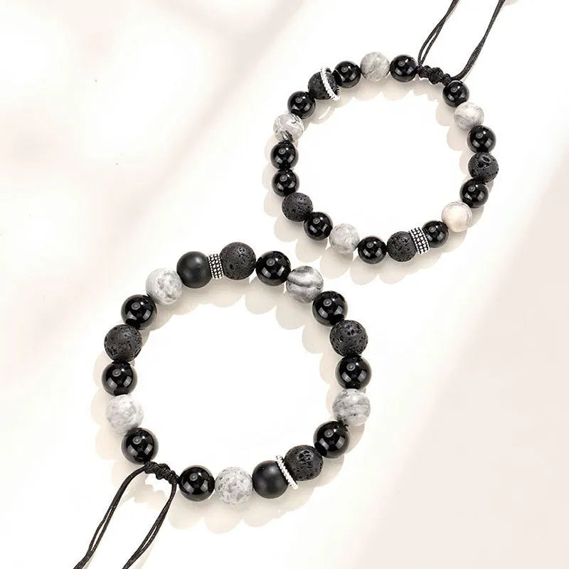 Black agate map stone volcanic bracelet with diamond-shaped beads in 8mm and 10mm sizes