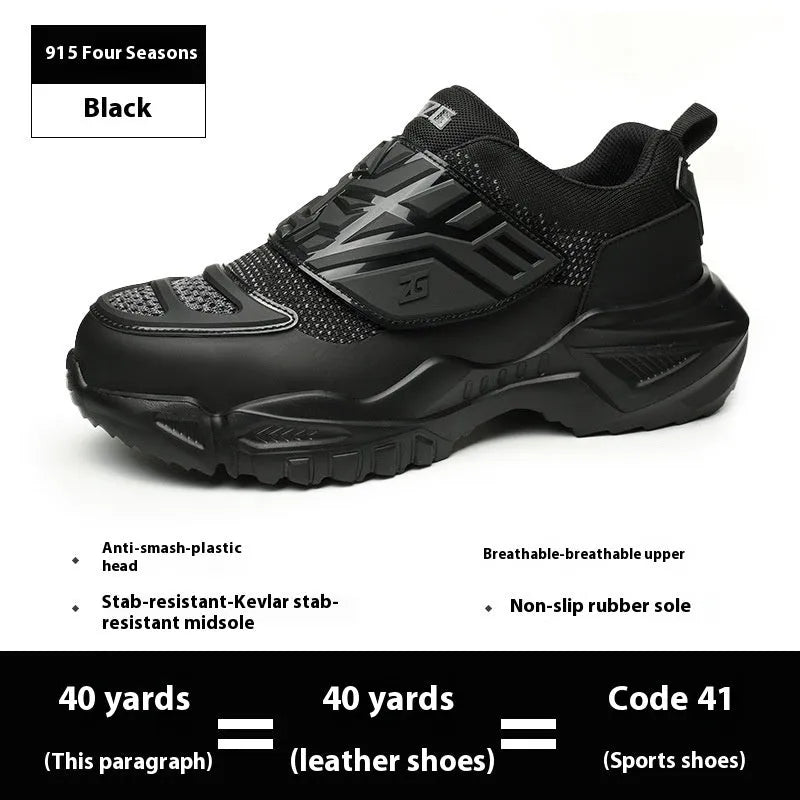 Black steel toe anti-puncture safety work boots with felt buckle and woven fabric upper.