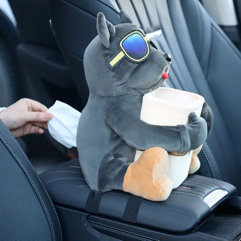 Plush fabric car tissue box hanging from vehicle armrest with dog-themed design options