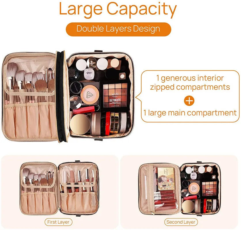 Black double-layer polyester cosmetic storage bag, 27x20x21cm, with soft handle and zip pockets.