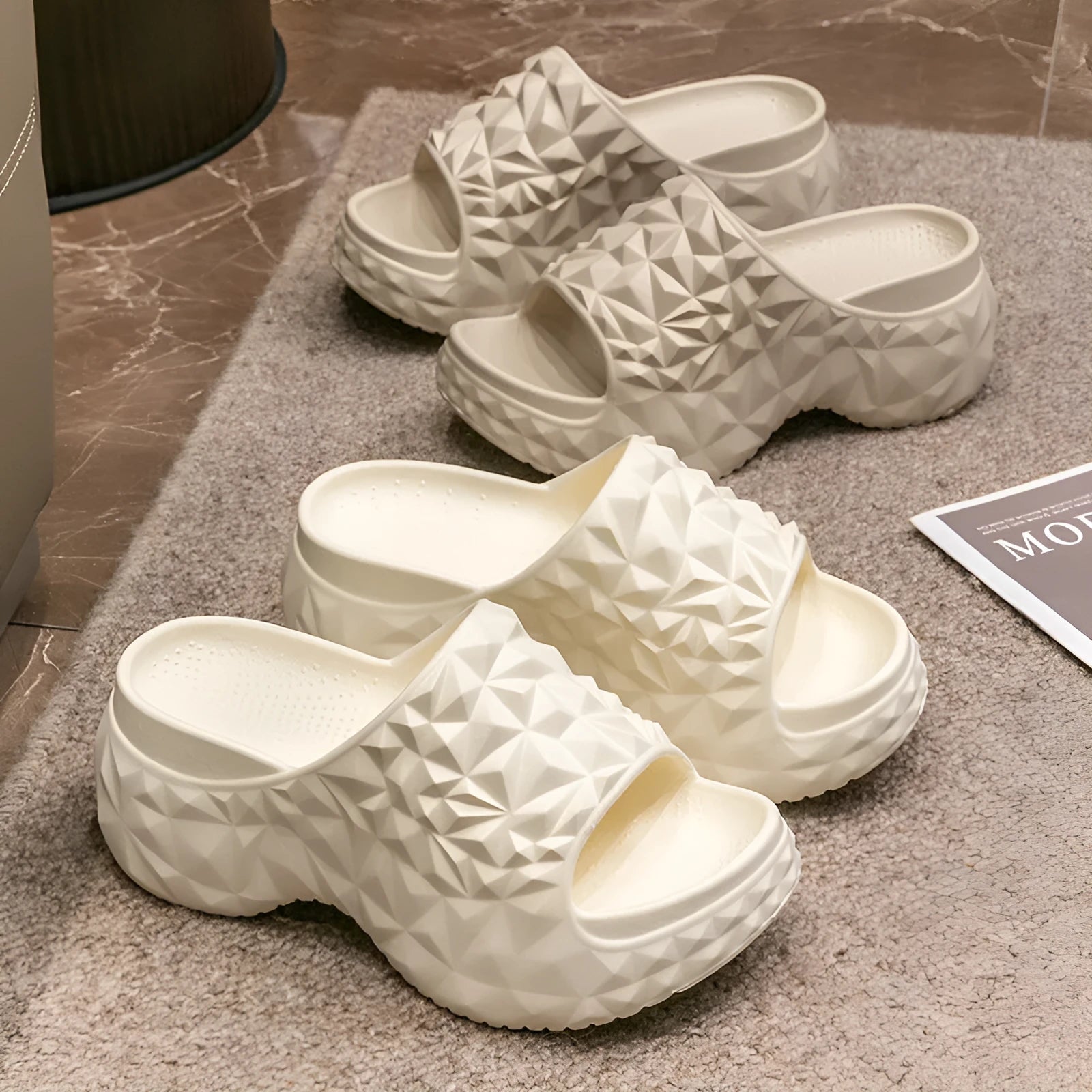 Women's Eva flip flop slippers with a thick sole in khaki, black, or white.
