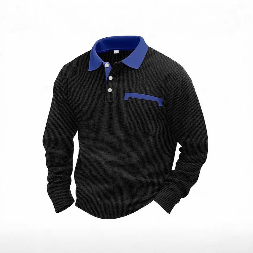 Man wearing a long-sleeved waffle-texture polo shirt in a solid colour, showcasing the retro style and asymmetric detail.