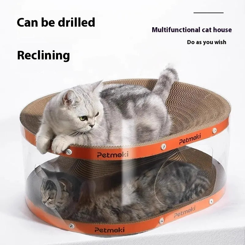 White transparent PVC cat scratch board and nest tunnel with diamond pattern, dimensions 58x45x23cm