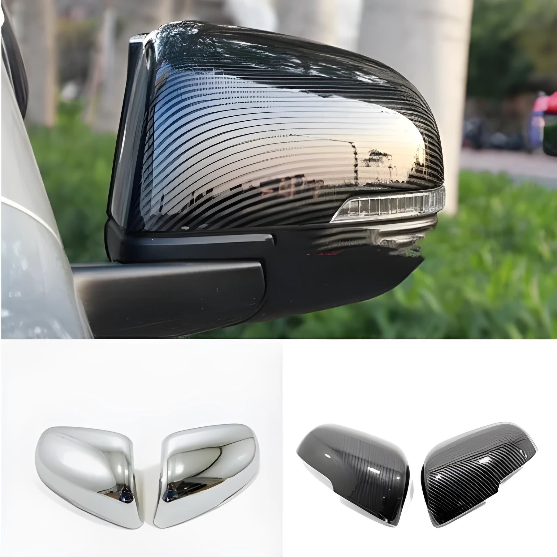 Pair of tremella pattern plastic rearview mirror cover stickers in silver and black finishes