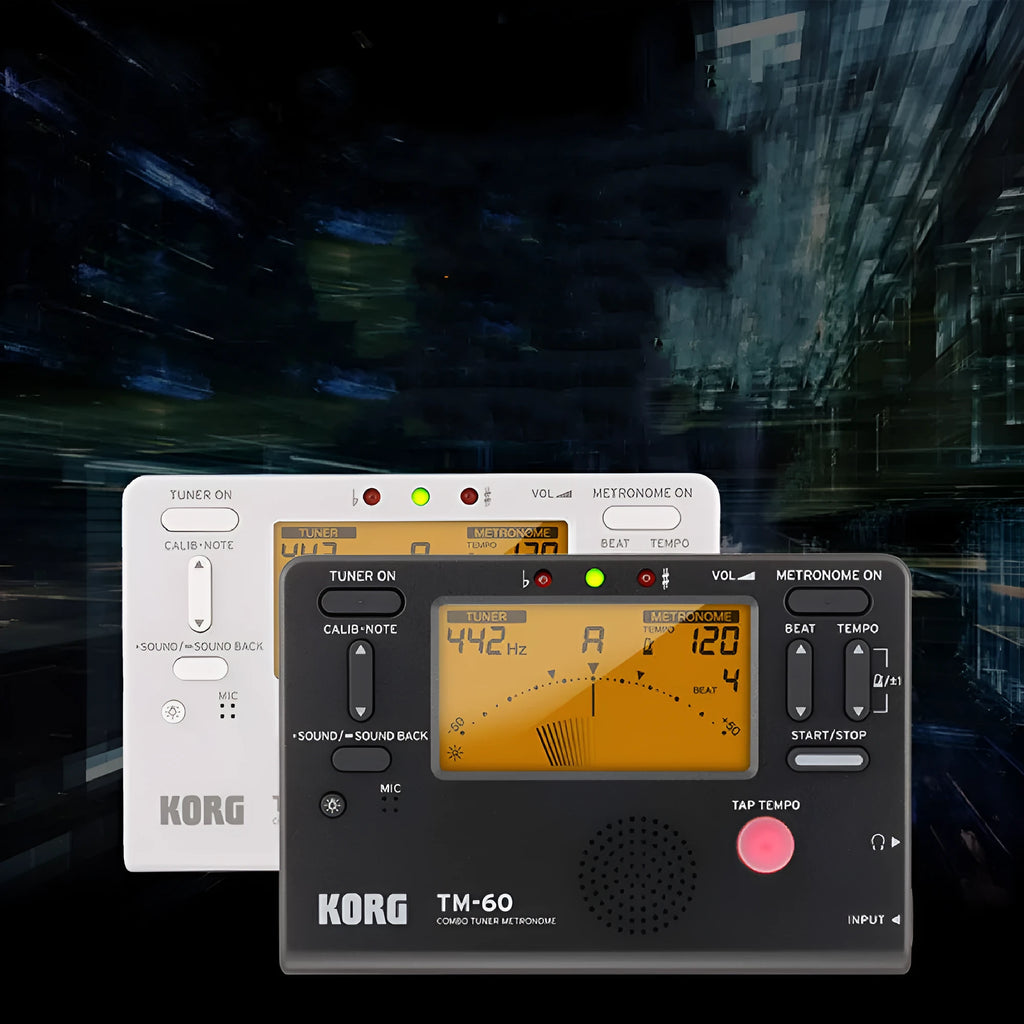 TM-60 black and white electronic metronome and tuner with digital display showing BPM.