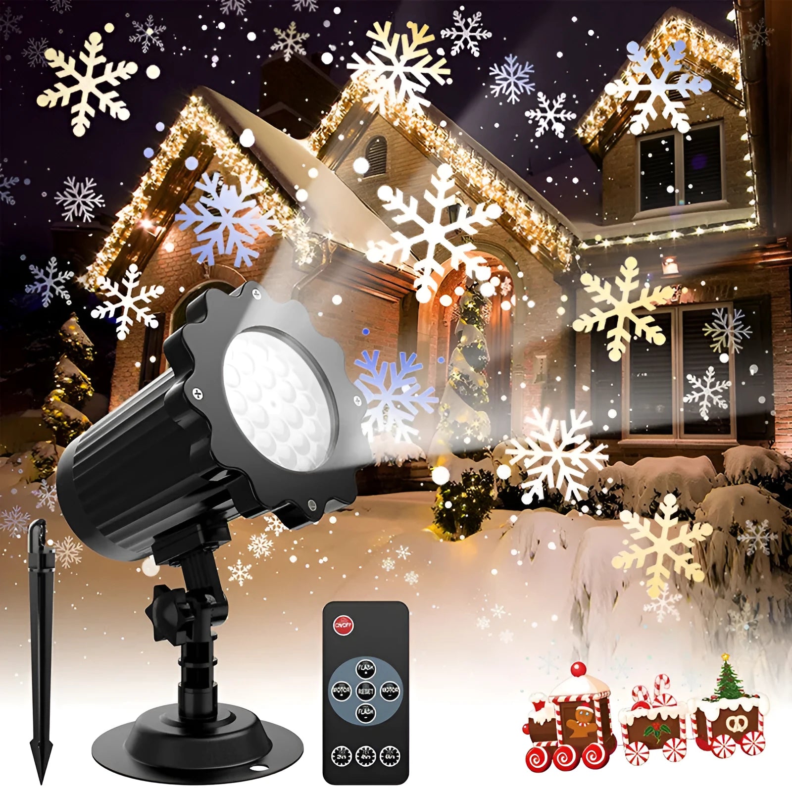 LED Christmas snowflake laser light projector IP65 waterproof with white snowflakes projecting onto a garden wall at night