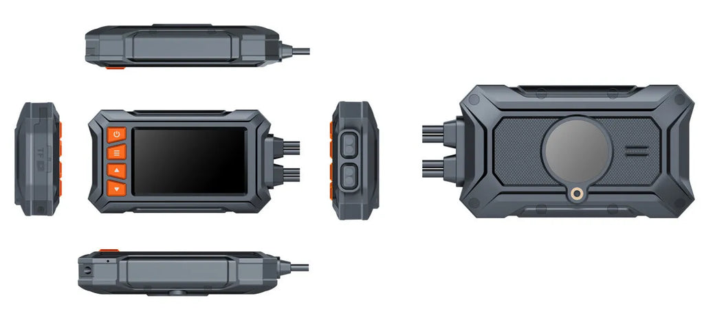 Motorcycle dash cam system with 3-inch screen, dual lenses, GPS module, and handlebar controller