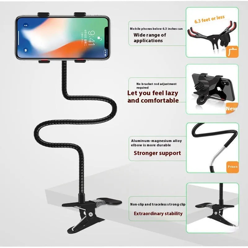 Black metal lazy stand gadget with rotary clip holding mobile phone on bedside table
