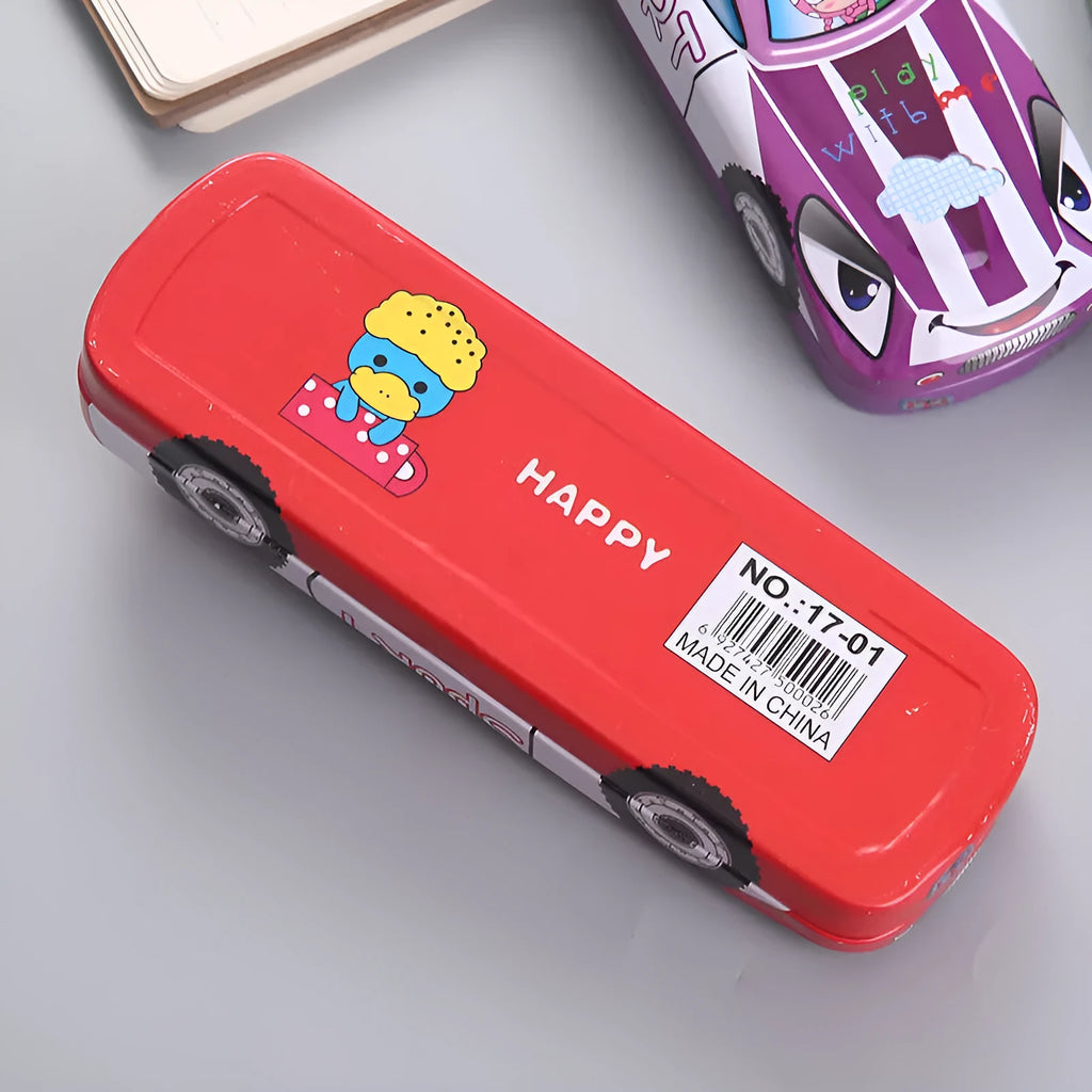 Tinplate metal stationery box with cartoon racing car design and double-layer compartments