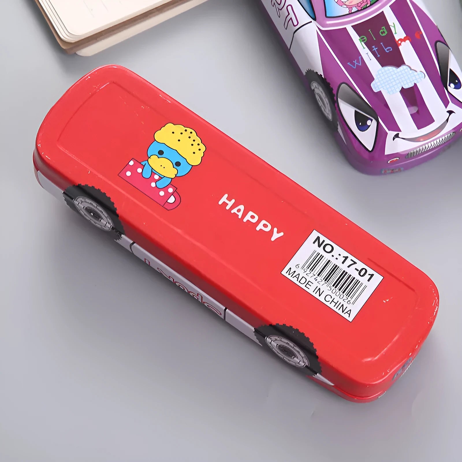 Tinplate metal stationery box with cartoon racing car design and double-layer compartments
