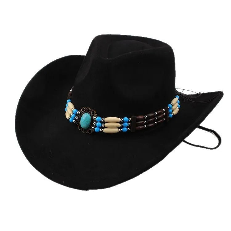 Western cowboy wide brim faux fur top hat in black with dome crown and average size 58cm for sun protection