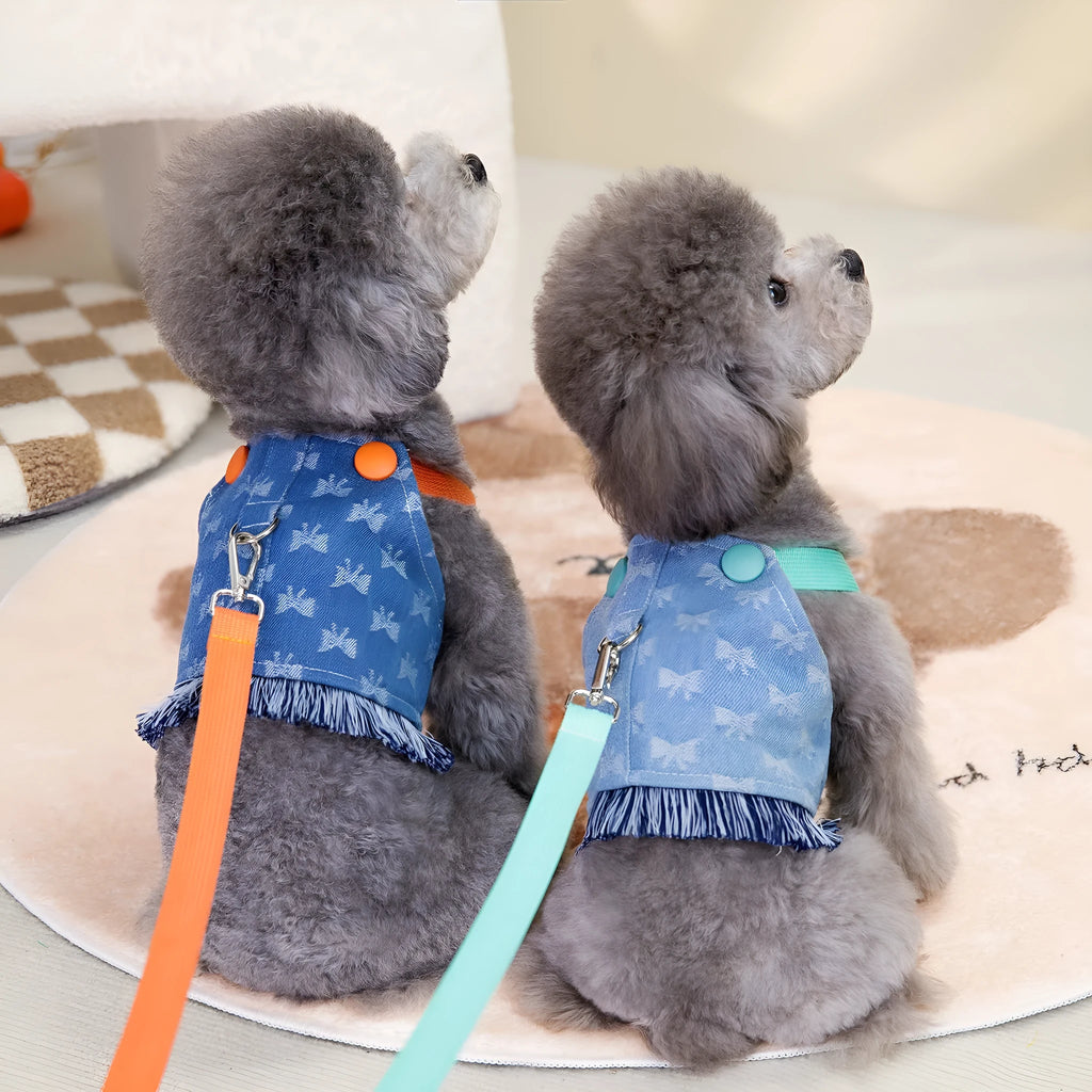 Cotton denim pet vest full bottom bow for dogs light blue size M