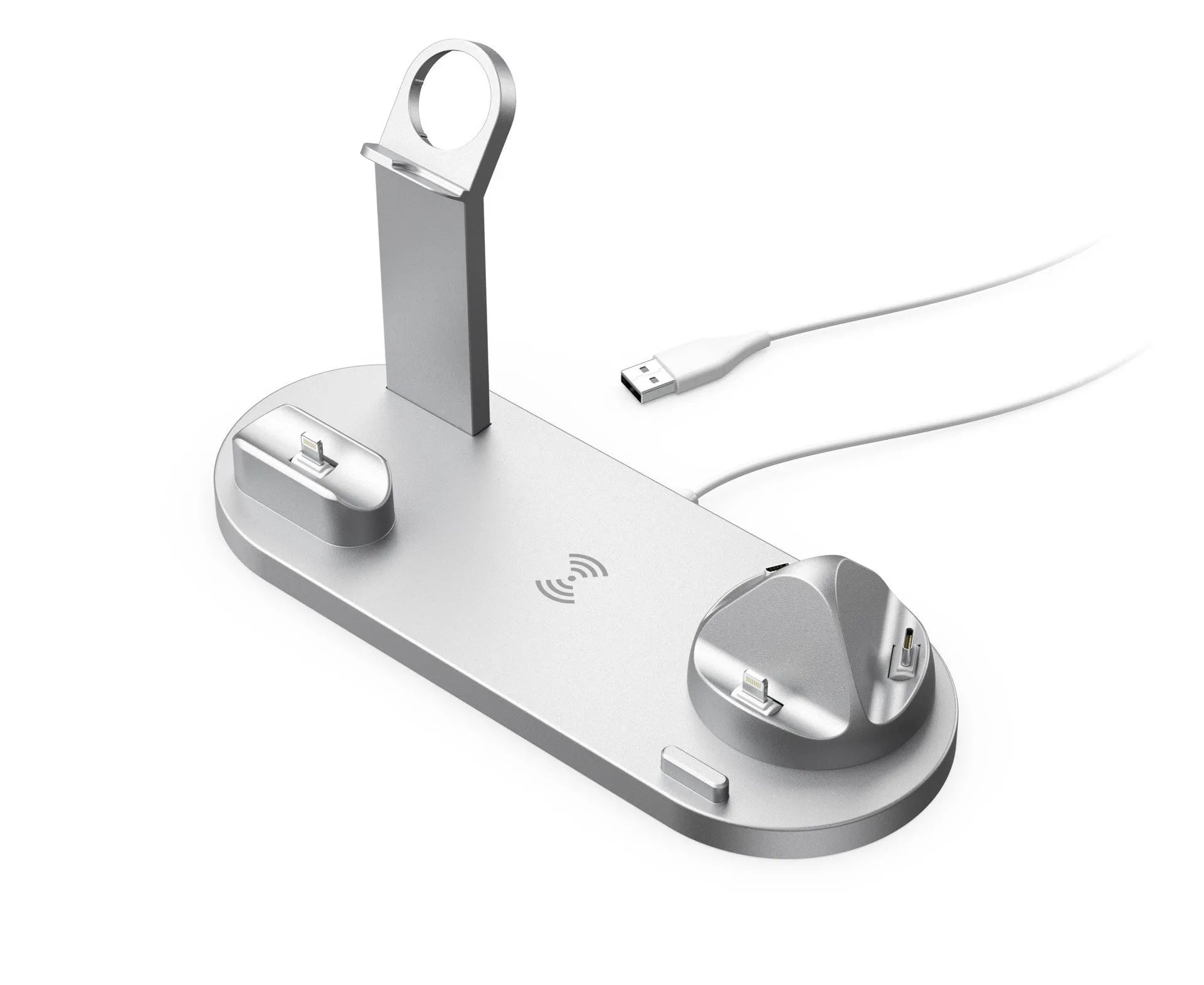 Black dual charging stand with wireless phone charger and wired base for headphones.
