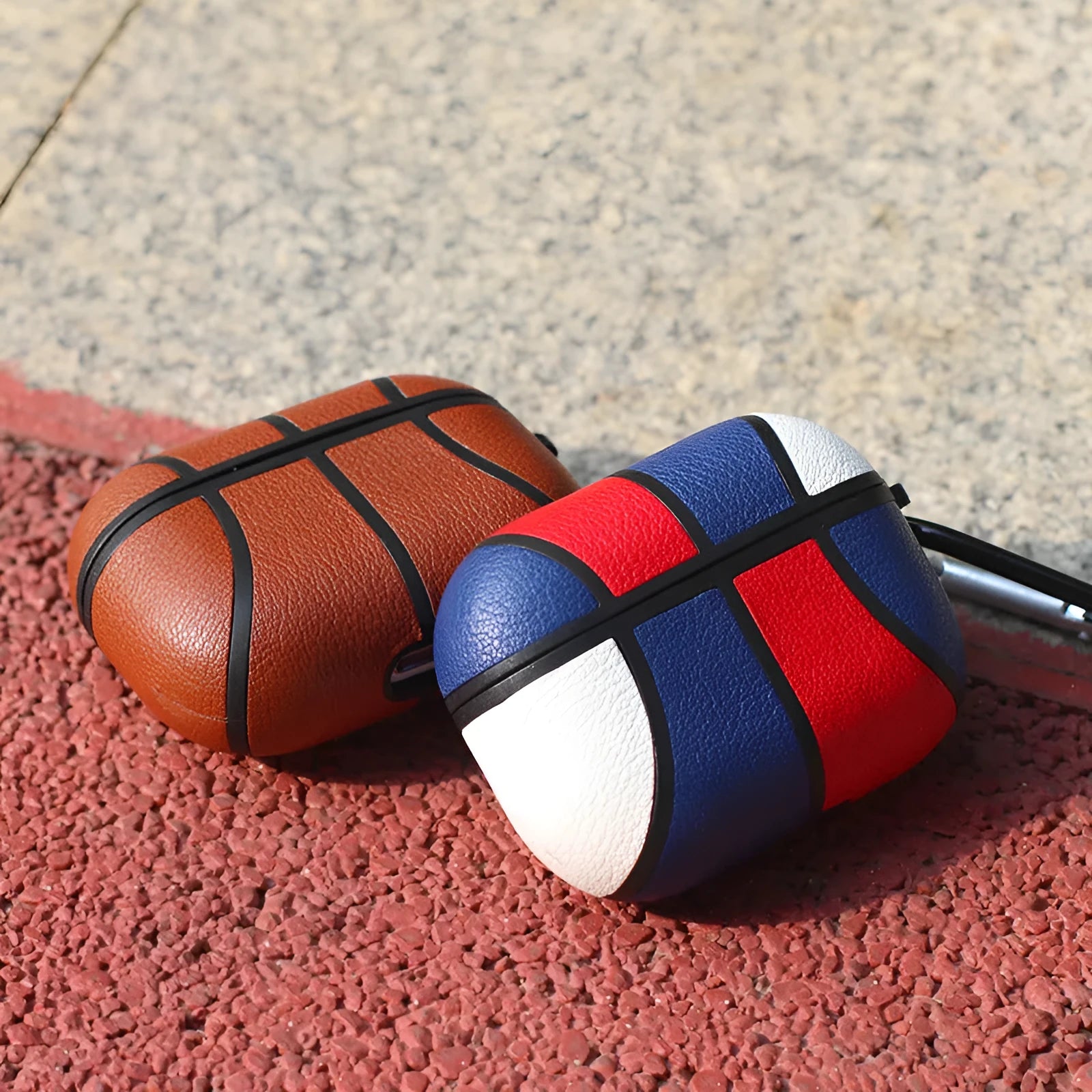Basketball headphone case with handmade leather-style veneer finish and TPU flip cover for Apple AirPods Pro, showing nine colour style options