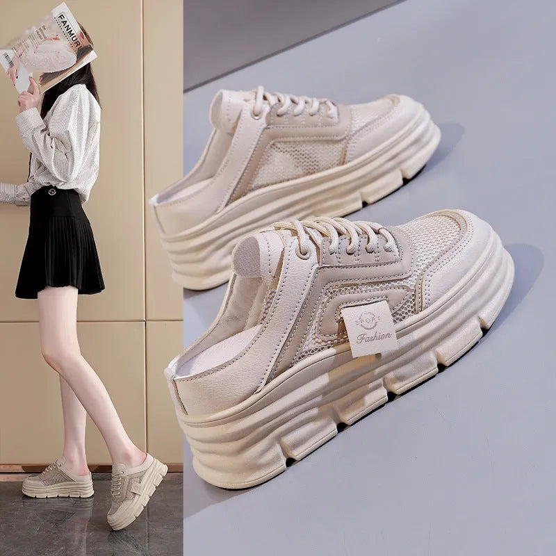 Women's mesh half slippers with height increasing insole in black, khaki, and white colour options