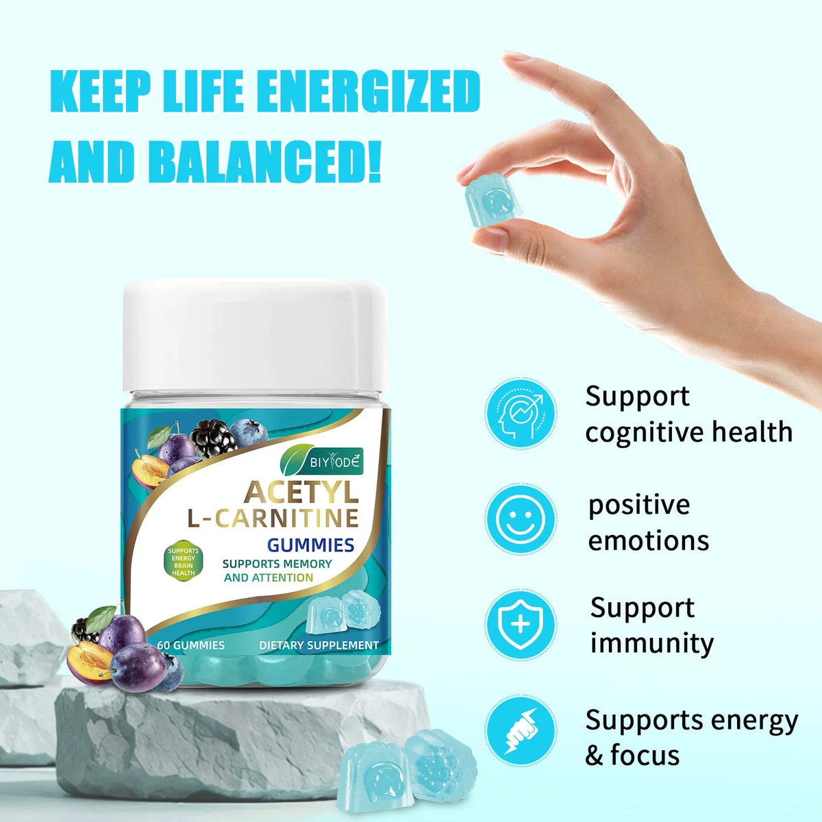 Bottle of acetyl L-carnitine gummies, mixed fruit flavour, 60 gummies per bottle, brain wellness supplement