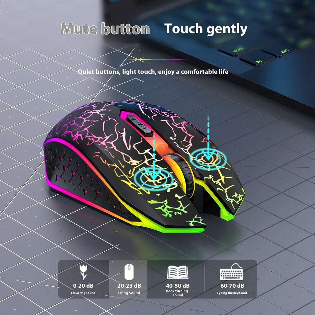 Black and white wireless gaming mouse with RGB lighting, shown with charging cable