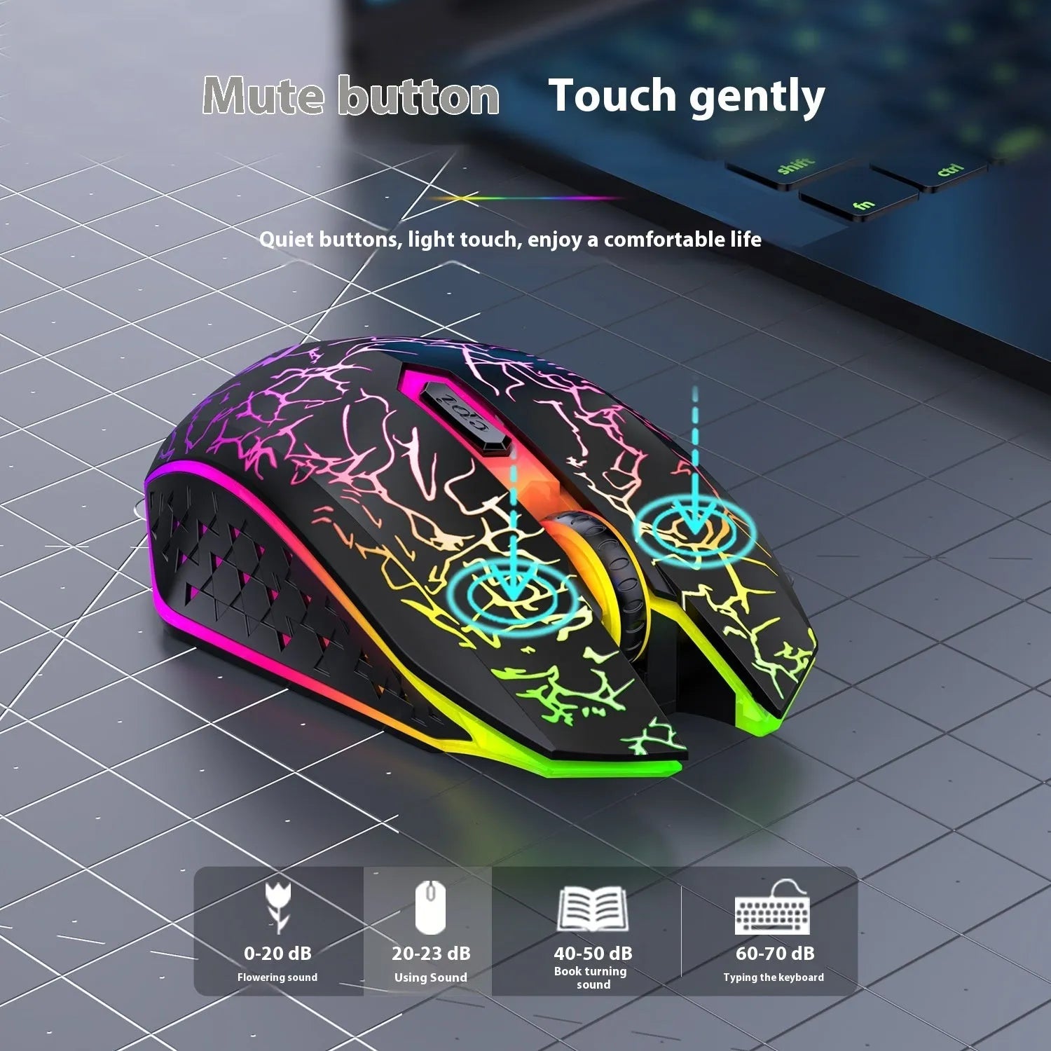 Black and white wireless gaming mouse with RGB lighting, shown with charging cable