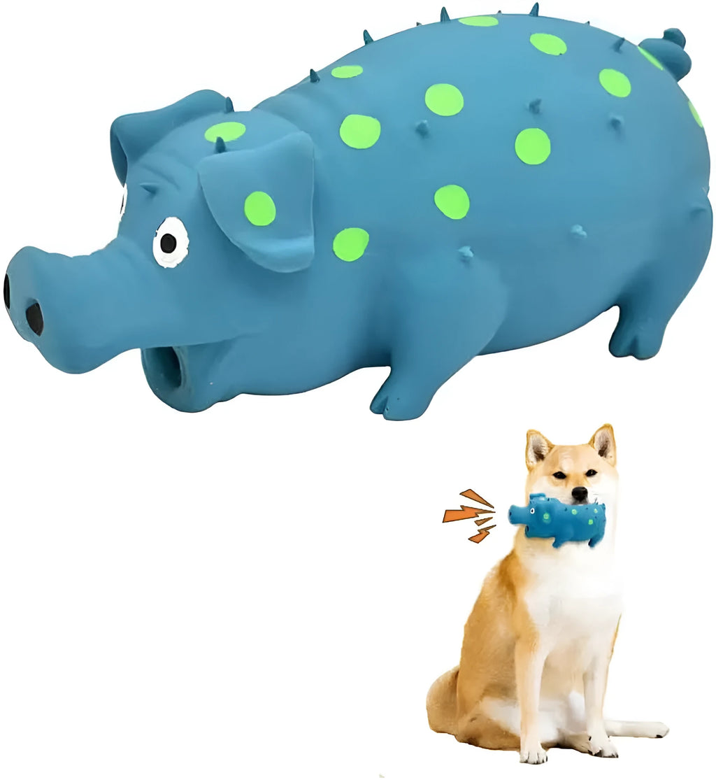 Latex pig-shaped dog chew toy with protruding texture and squeaker in various colours