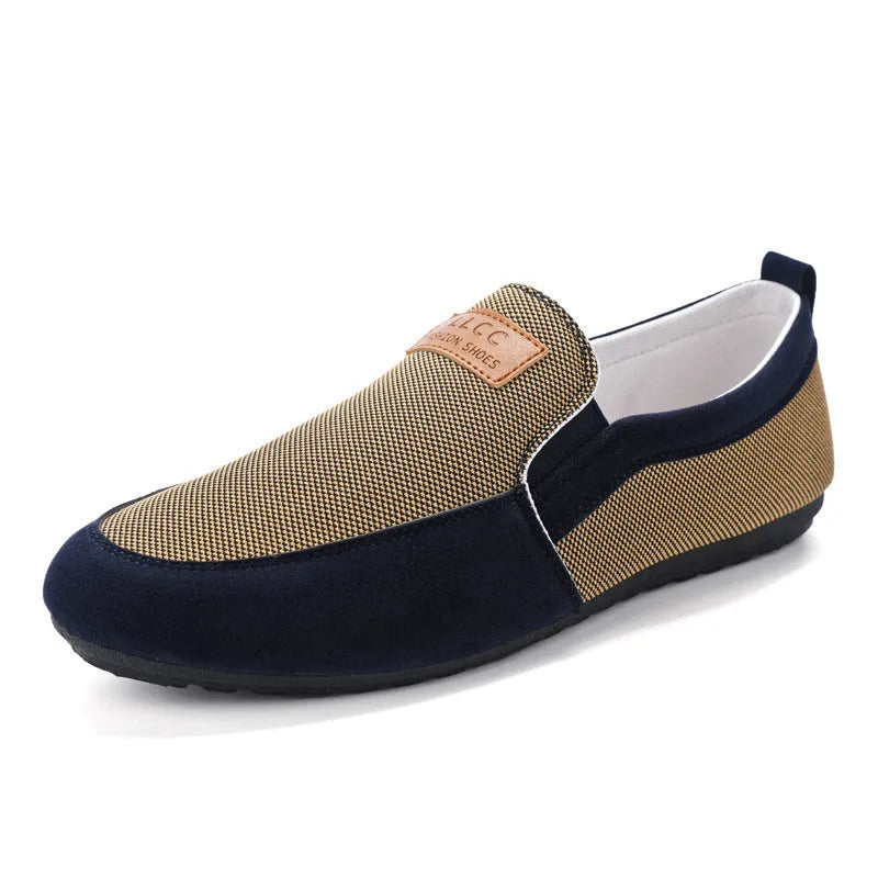 Men's grey and khaki canvas board shoes with round toe and rubber sole