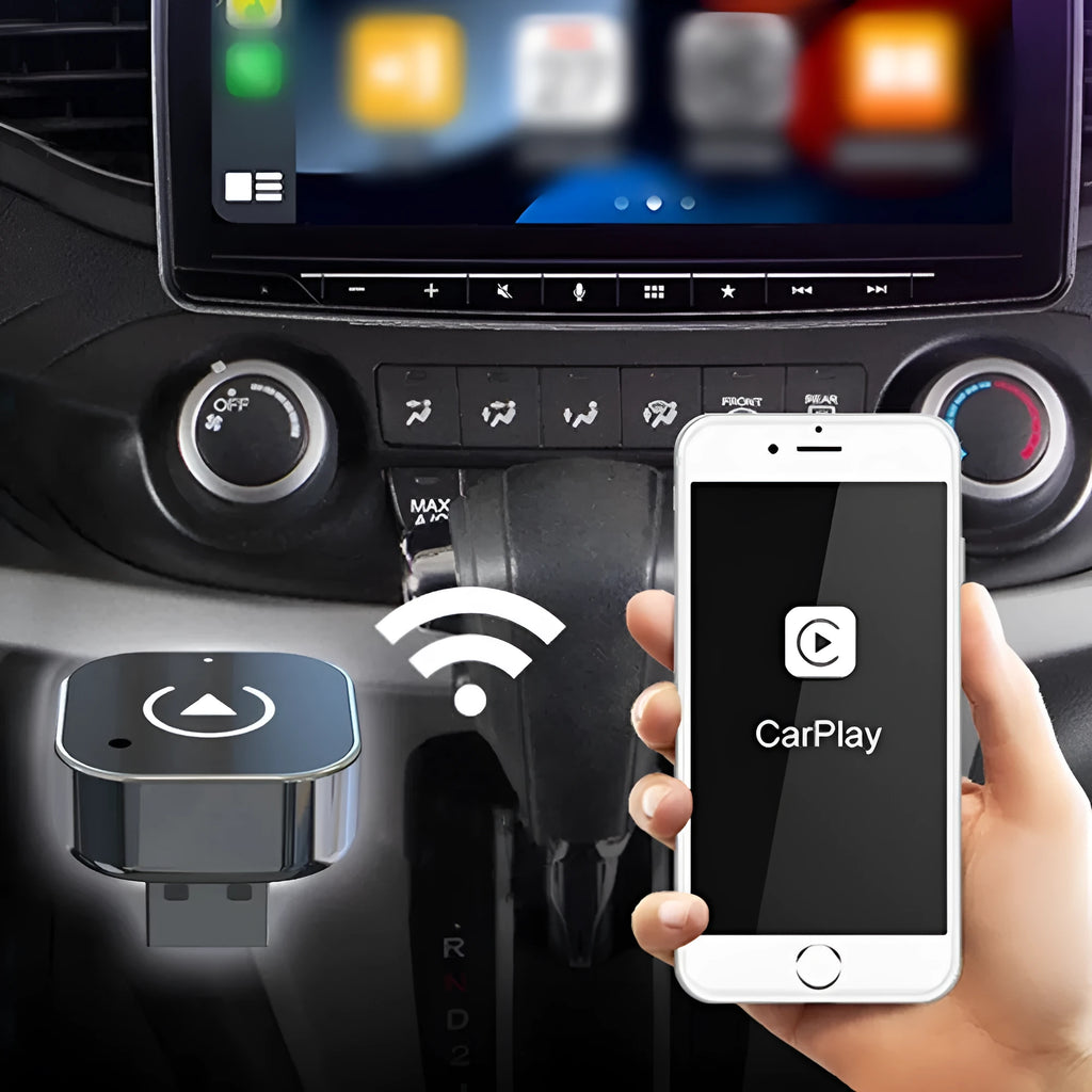 Black wired-to-wireless CarPlay box with USB adapter made from ABS and PC materials