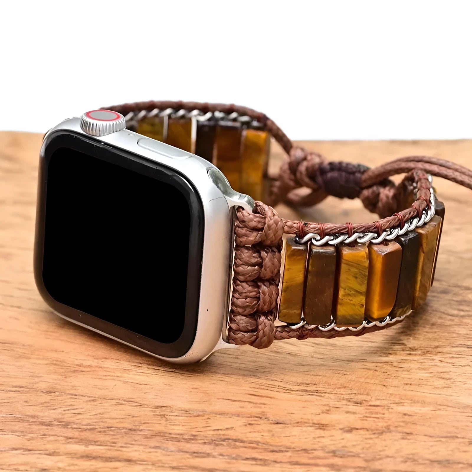 Rectangular tiger eye stone chain watch strap on adjustable textile band for men's watches