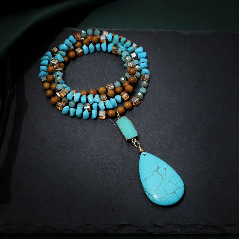 Turquoise blue imitation mineral pendant necklace with geometric design on adjustable ball bead chain
