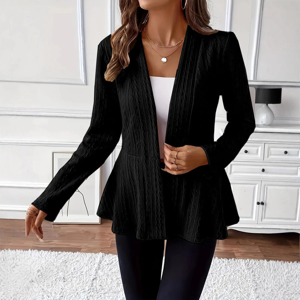 Women's apricot knitted cardigan with jacquard pattern and one-button closure showing front view