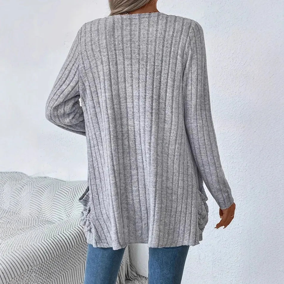 Granny grey loose fit long sleeve cardigan with pocket showing front view